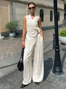 DAZY 女士交叉领高腰无袖背心和阔腿裤休闲两件套，度假风格 - 白色 - 查看 4