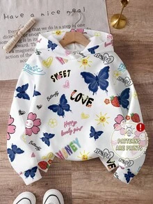 Elladie kids 1 件女童可爱蝴蝶花朵字母印花连帽运动衫，适合年轻女孩春秋季的时尚休闲上衣 - 彩色 - 查看 3
