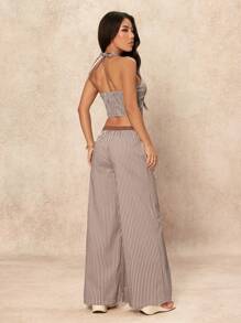 SHEIN PETITE Bộ 2 món/Bộ áo yếm không tay kẻ sọc cho nữ và quần ống rộng - Nhiều màu - Xem 3