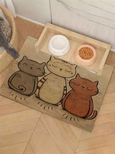 1pc Adorable Cat-Themed Pet Feeding Mat, Durable Non-Slip, Water Absorbent & Stain-Resistant, Ideal For Dog & Cat - Pet Food &Water Bowl Placemat For Home Decor, Kitchen Floor Mats, Pet Accessories,Ideal For Pets