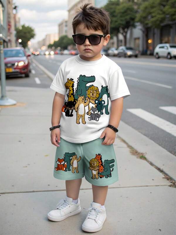 SHEIN 2 件套年轻男孩休闲卡通图案圆领短袖 T 恤和短裤套装，适合夏季
