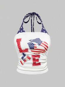 ROMWE J-Fashion 大码女式复古美国国旗和星星印花露背无袖上衣 - 白色 - 查看 1