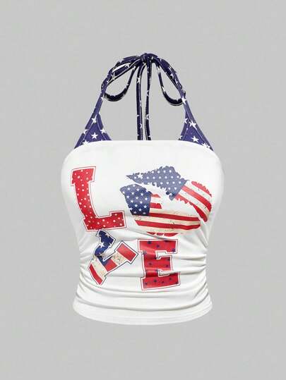 J-Fashion Canotta oversize da donna, con stampa vintage della bandiera americana e stelle, con collo alto senza maniche