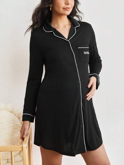 Maternity Contrast Piping Front Button Home Dress Loungewear, Fall & Winter, Cozy Outfits