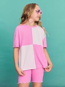 SHEIN Tween Girls' Casual Simple Comfortable Colorblock Round Neck Short Sleeve T-Shirt And Shorts Set ,Back To School Season, Christmas - Hot Pink - View 2