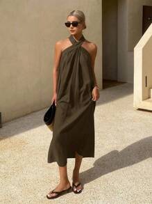 Livesso 女式纯色宽松 V 领挂脖休闲节日连衣裙，夏季 - 棕色 - 查看 4