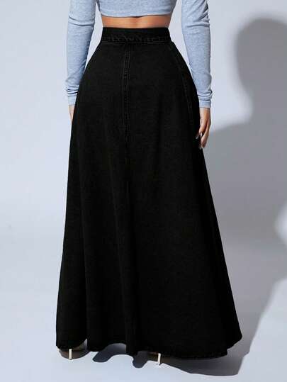 SHEIN SXY Long Front Button Plain Denim Maxi Skirt, Elegant Office Wear Long Denim Skirt