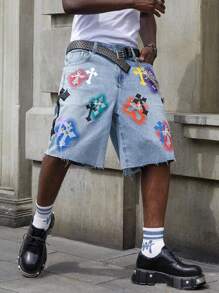 Street Life Men's Cross Print Rhinestone Embellished Denim Shorts - Blue - View 1