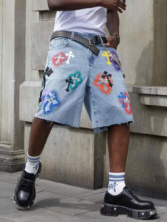 Street Life Shorts vaqueros para hombre con estampado de cruz y adornos de rhinestone