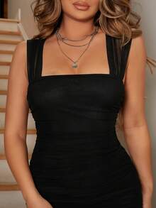 SHEIN SXY Summer Ruffled Slit Hem Mesh Tight Black Suspender Bodycon Dress - Black - View 4