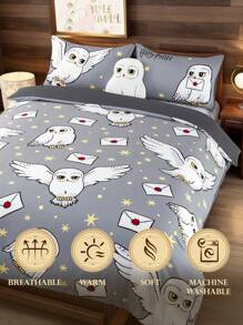 HARRY POTTER X SHEIN Bộ đồ giường 3 món, họa tiết in toàn bộ hình Hedwig, vỏ chăn màu hồng, mềm mại & ấm áp, ấm áp & có thể giặt bằng máy, phù hợp với giường đôi/giường đôi/giường Queen/giường King, ký túc xá/nhà riêng - Xám - Xem 10