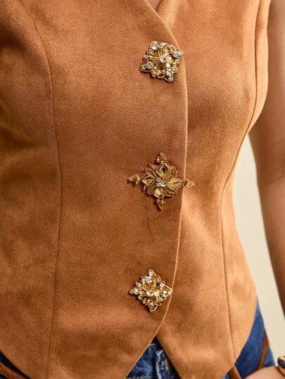 Muvela Chaleco de mujer con botones dorados hechos a mano con cuentas, vintage para festivales de música, salidas, fiestas, otoño