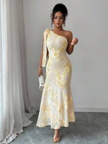 Elenzga 提花针织透视性感不对称领口交叉紧身鱼尾连衣裙 - 杏色 - 查看 3