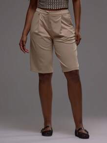 MUSERA 低腰修身长款短裤，配有腰带环细节，夏季可爱度假风，90年代优雅秋季返校季时尚休闲复活节 - 卡其色 - 查看 3