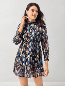 Miaspire Allover Print Flounce Sleeve Ruffle Hem Pleated Collar Shirred Dress - Blue - View 1