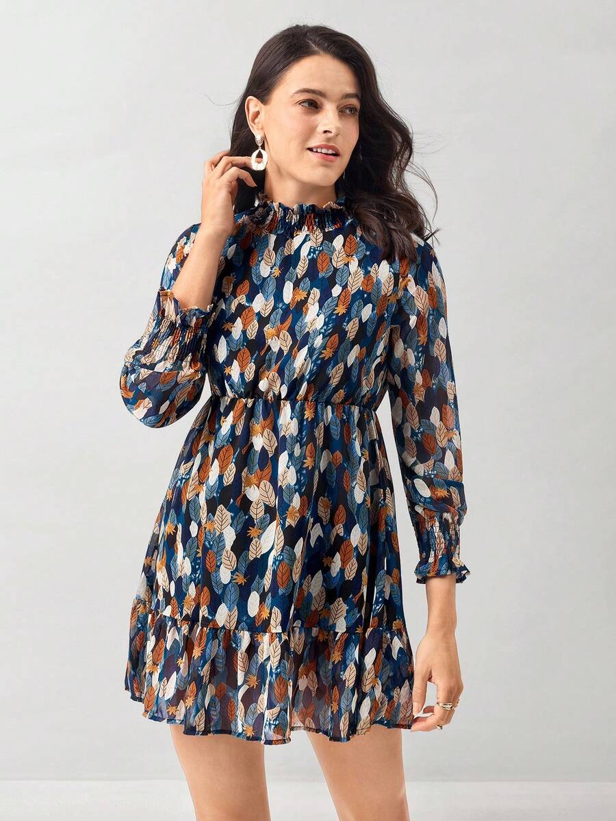 Miaspire Allover Print Flounce Sleeve Ruffle Hem Pleated Collar Shirred Dress - Blue - View 1