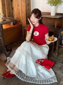 DAZY 女士夏季蕾丝拼接休闲A字裙 - 白色 - 查看 4