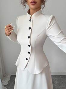 Elenzga 2 件套女士秋季优雅复古风格纽扣装饰夹克和高腰半身裙 - 杏色 - 查看 6