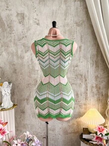 Firerie Color-Block Hollow Out Mini Bodycon Knitted Dress - Multicolor - View 2