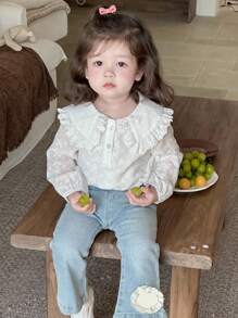 Dazy Kids 女婴蕾丝蝴蝶结休闲长袖上衣，幼儿秋装 - 白色 - 查看 3