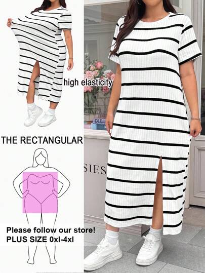 Solflare Plus Size Black & White Striped Split Sleeve Casual Dress,Sun Dresses For Women
