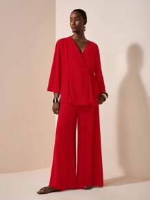 Zivah 2025 Summer New Arrival, Music Festival, Graduation Season, College Style, Student Wear, Daily Casual, Vacation, Beach, Sunbathing, Streetwear, Dark Brown Textured Fabric, Linen Kimono Style Belted Shirt And Wide Leg Pants 2 Pieces Set - Red - View 4