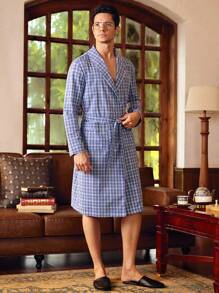 Manfinity Men's Plaid Shawl Collar Long Sleeve Pocket Casual Bathrobe - Blue - View 4
