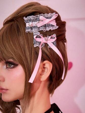 Kawaii 2 Stücke süße schwarz-weiß karierte Spitzen Haarclips, hochwertige süße rosa Schleife, Perlen Herz, Kristall Haarnadeln, modische Boutique Haraccessoires