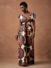 Zivah 2025 Summer Fashion Casual Elegant Vacation Daily Date Birthday Party Commuter Loose Feel European And American Retro Deep V Neck Sexy Sleeve Raglan Sleeve Waist Bow Top + Wide Leg Pants Ultra-Long Pa African Print Jumpsuit Boho Jumpsuit Resort Outfits For Women Resort Wear