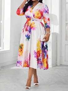 SHEIN Lady 春夏优雅通勤办公室波西米亚风彩色编织重叠领喇叭中长七分袖加大码连衣裙优雅服装办公室连衣裙 - 彩色 - 查看 3