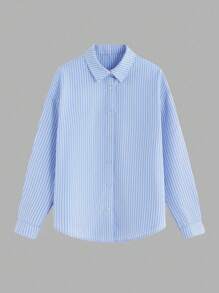 SHEIN Teen Girl Comfortable Simple Loose Contrast Elastic Waist Stripe Printed Wide-Leg Pants White Tube Top Blue Stripe Cropped Long Sleeve Shirt 3 Pieces Set - Blue and White - View 11