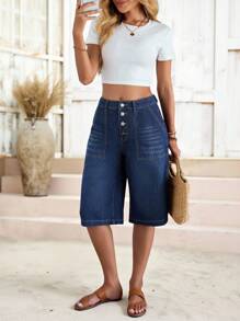 EMERY ROSE 新款女士牛仔高腰五分裤多排扣宽松直筒五分裤深蓝色日常休闲装 - 深色水洗藍 - 查看 5