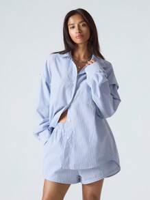 LYSMO 2件套女士休闲通勤条纹衬衫和短裤 - 藍色 - 查看 8