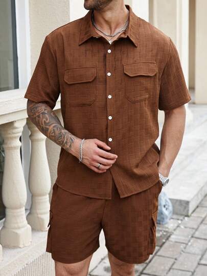 Manfinity Homme Plus Size Men's Casual Button Front Short Sleeve Shirt And Shorts Sets, Summer