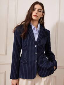 Briarwyn Áo khoác Blazer nữ tay dài thanh lịch in họa tiết sọc cài nút phía trước, mùa thu cho nữ, mùa đông cho nữ, phong cách cổ điển, trở lại trường, giáo viên cho nữ, áo khoác mùa đông - Màu xanh hải quân - Xem 2