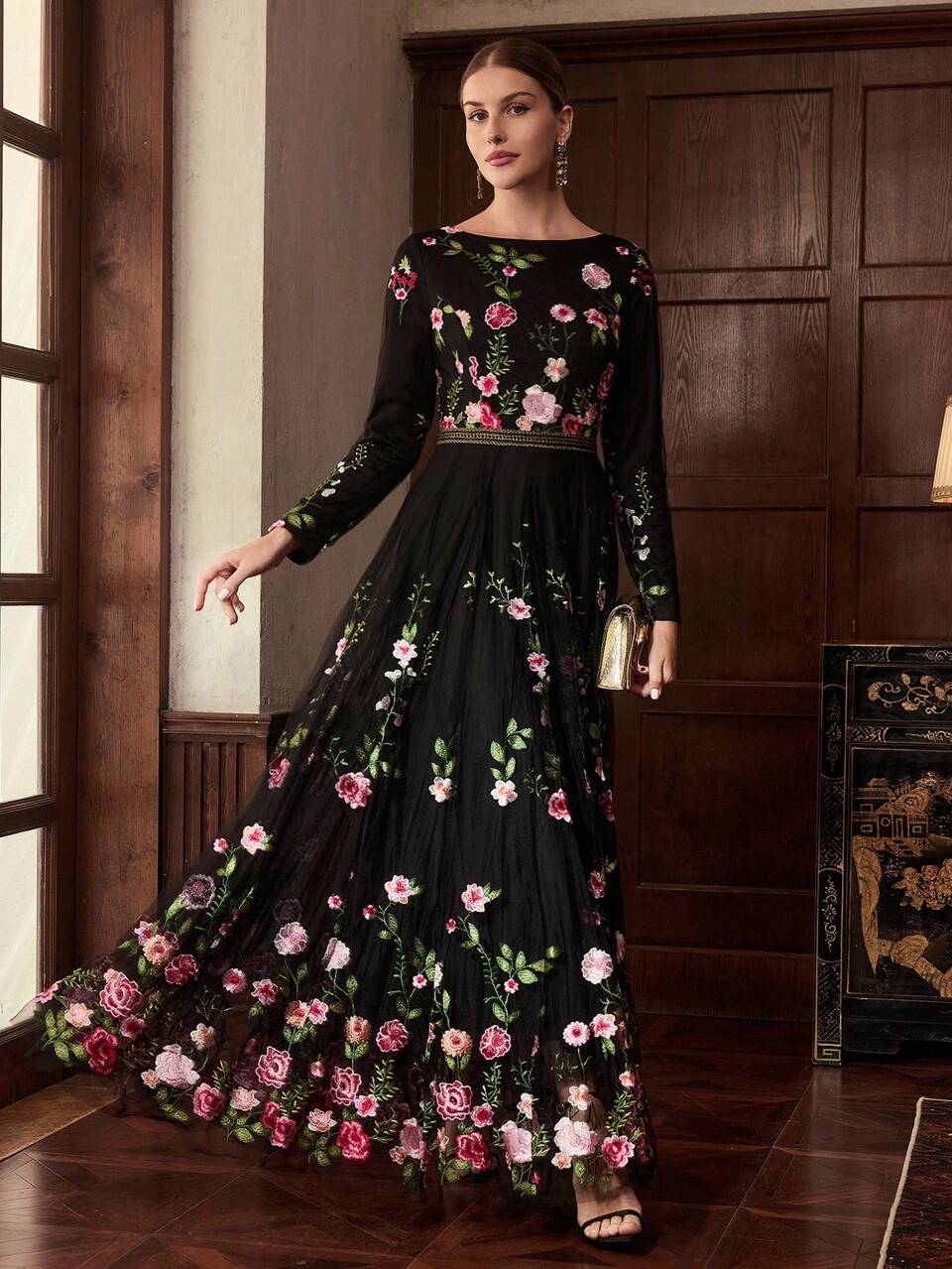 ZEYLAH Women's Floral Embroidered Sheer Long Sleeve Dress, Beach Holiday Style, Spring & Autumn