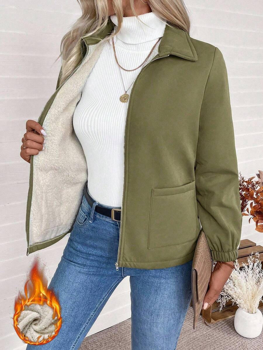 SHEIN Casual Solid Color Zipper Fleece Jacket, Autumn/Winter Fall Cloth For Women - Army Green - View 1