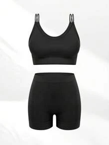 SHEIN 2 peças/Conjunto Sutiã Esportivo Casual Feminino Sem Fio Confortável com Enchimento Removível e Alças Cruzadas nas Costas, e Calcinha Tipo Cintura Alta - Preto - Visão 6