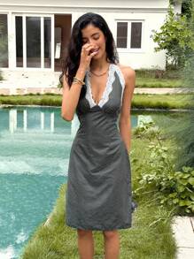 Rafferiza Elegant Polka Dot Print Lace Trim Open Back Halter Neck Dress, Summer Summer Dress