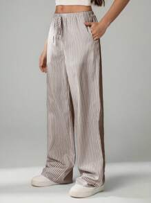 SHEIN Tall Damen gestreifte bedruckte Knoten Taschen Lässig vielseitige lange Hose