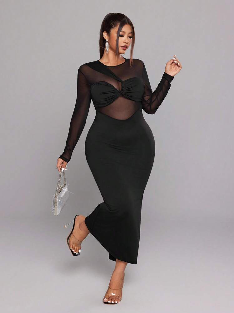 SHEIN LUNE Plus Size Women Long Sleeve Round Neck Mesh Splicing Sexy Bodycon Party Dress Fall Cloth For Women - Black - View 4