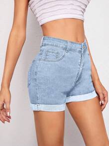 SHEIN ICON 女士浅色简约休闲牛仔短裤 - 淺色水洗藍 - 查看 3