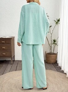 SHEIN LUNE Women's Casual Striped Basic Outfit Set, Simple Long Sleeve Top And Pants, Everyday Wear Lounge Sets For Women Sets 2 Pieces Women Matching Sets Women Co Ords Sets Women Going Out Outfits Airport Outfit For Women Back To School Streetwear Vacation Two Pieces Set Vacation Outfits Women Button Up Shirt Women Hawaii Outfits Women Lounge Sets For Women - Green - View 2