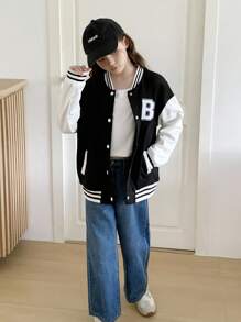 青少年女孩休闲字母拼布棒球夹克，适合上学和通勤，返校季 - 彩色 - 查看 4