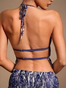 Hauture Top halter bohemio con cuello alto fruncido y espalda descubierta - Azul y blanco - Ver 4