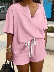 INAWLY Set Kaos Lengan Pendek dan Celana Pendek Wanita Ukuran Besar Warna Polos Sederhana untuk Sehari-hari - Baby Pink - View 1