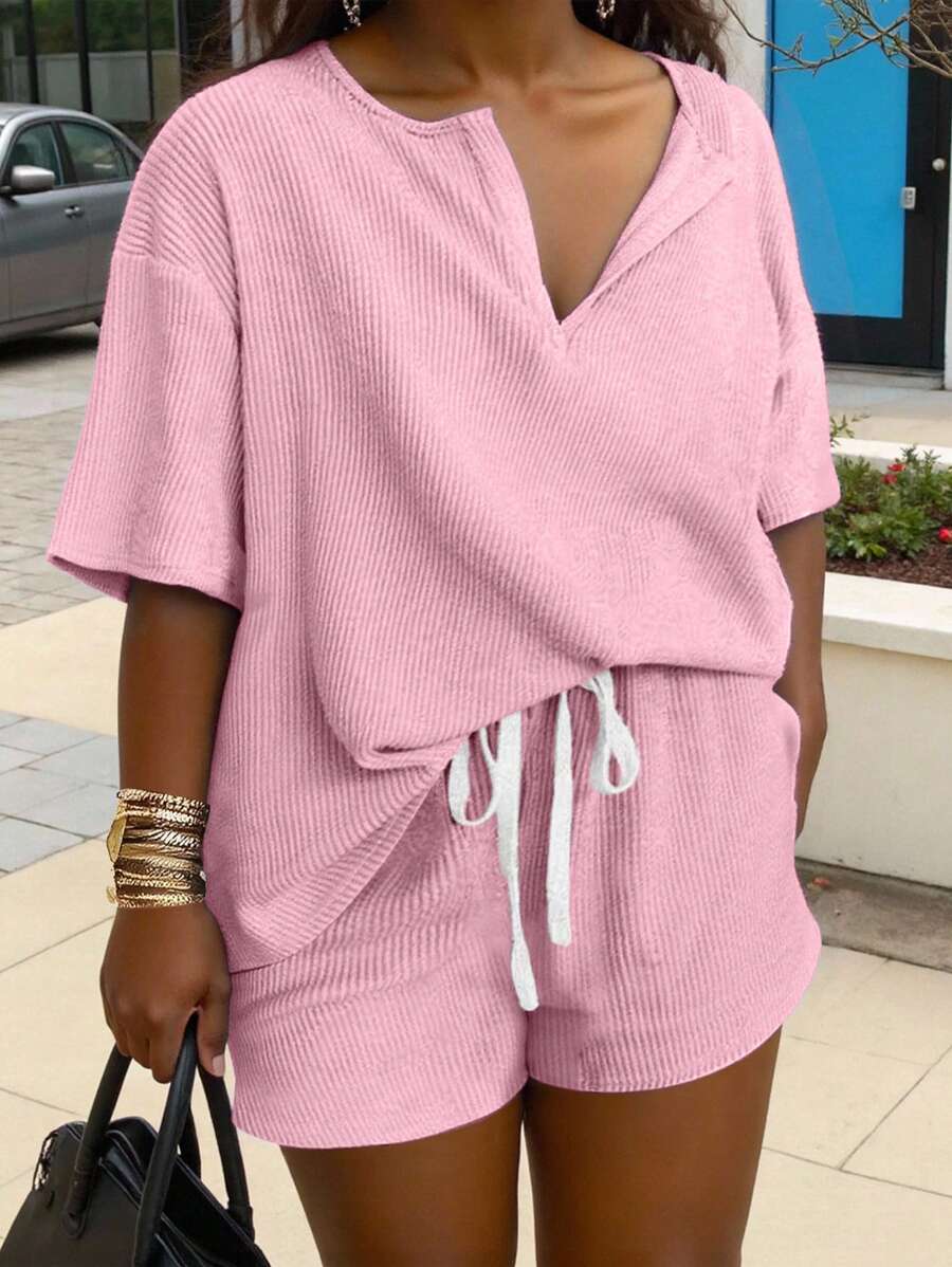INAWLY Set Kaos Lengan Pendek dan Celana Pendek Wanita Ukuran Besar Warna Polos Sederhana untuk Sehari-hari - Baby Pink - View 1