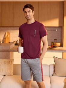 SHEIN Men Pocket Front Tee With Shorts PJ Set / Pajama Set - Multicolor - View 5