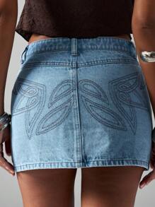 MISSGUIDED Western Embroidered Mini Denim Skirt With Stitch Details Festival Casual Summer Bohemian High Waist A Line Jean Mini Skirt - Medium Wash - View 7