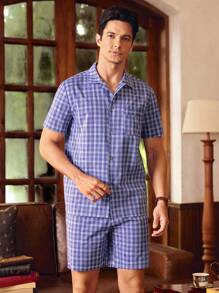 EverLounge Men's Plaid Short Sleeve Shorts Pajama Set - Blue - View 4